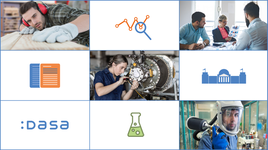 Collage: Menschen in Arbeitssituationen, Icons für Forschung, Regulation, Politikberatung, Transfer und DASA Arbeitswelt Ausstellung Collage: Menschen in Arbeitssituationen, Icons für Forschung, Regulation, Politikberatung, Transfer und DASA Arbeitswelt Ausstellung