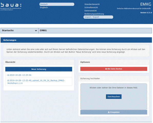 Screenshot der Seite http://www.beispiel.de/import der Servervariante bzw. "Import/Export" in der Stand Alone-Version