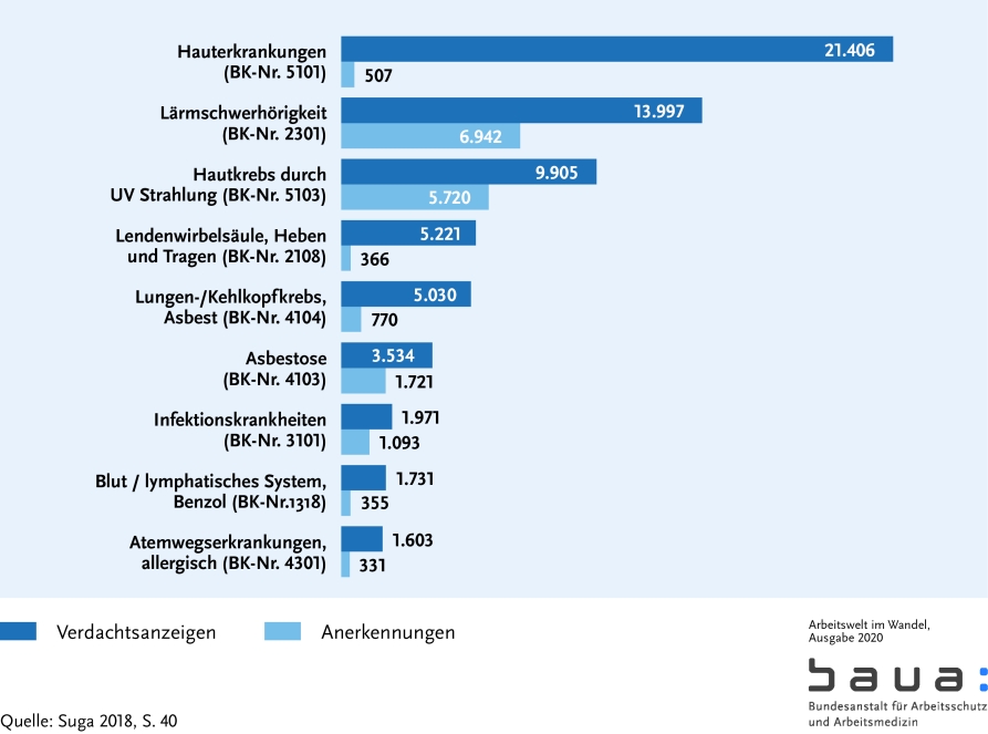 Graphik: Am häufigsten angezeigte Berufskrankheiten und Anerkennungen (S. 20)