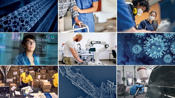 © iStock, BAuA Collage with images from various BAuA research areas, e.g. crafts, care, robotics, infectious diseases and chemistry